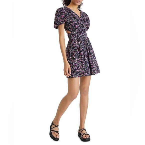 French Connection Flores Cotton V Neck Mini Dress In Utility Blue Floral | US 2 - Picture 1 of 9